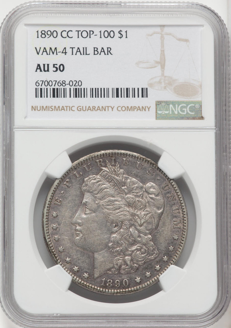 Bullionshark 1890-CC Morgan Silver Dollar TOP-100 NGC AU50 VAM-4 TAIL BAR 