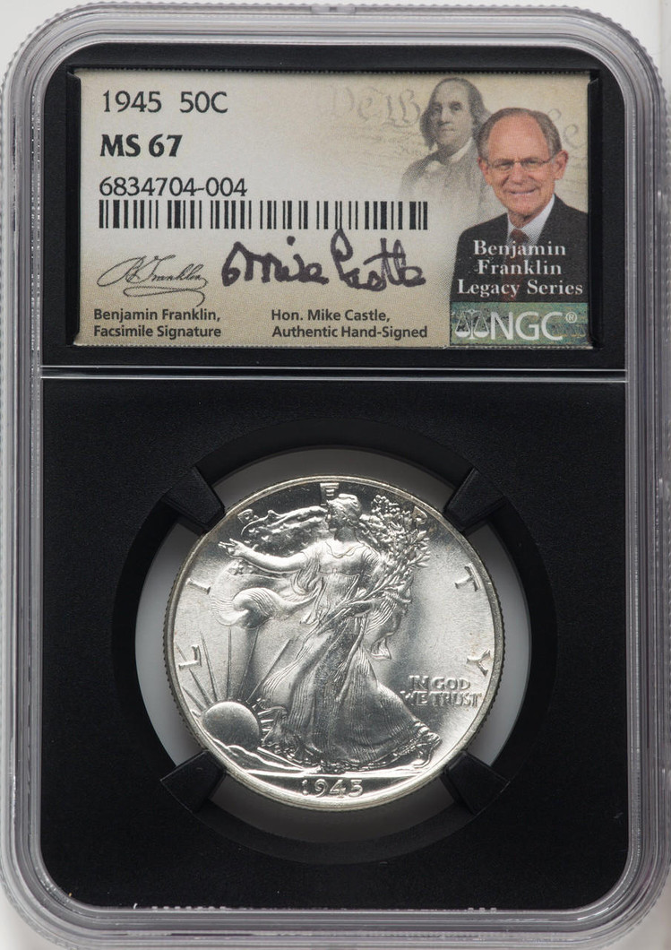 Bullionshark 1945 Walking Liberty Half Dollar NGC MS67 Mike Castle Signed 