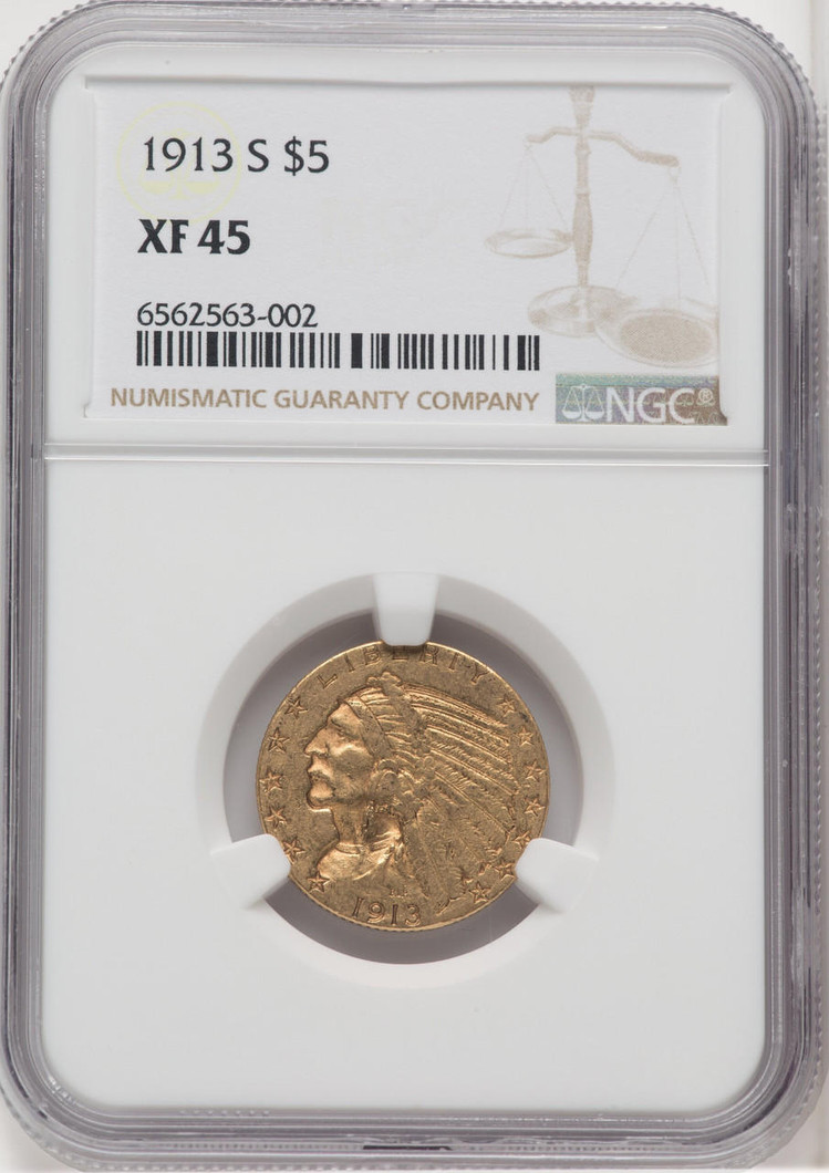  1913-S $5 Gold Indian NGC AU45 