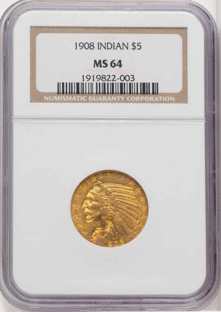  1908 $5 Gold Indian NGC MS64 