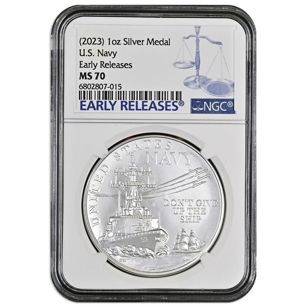 Bullionshark 2023 1 oz Silver Navy Medal NGC MS70 Early Releases 