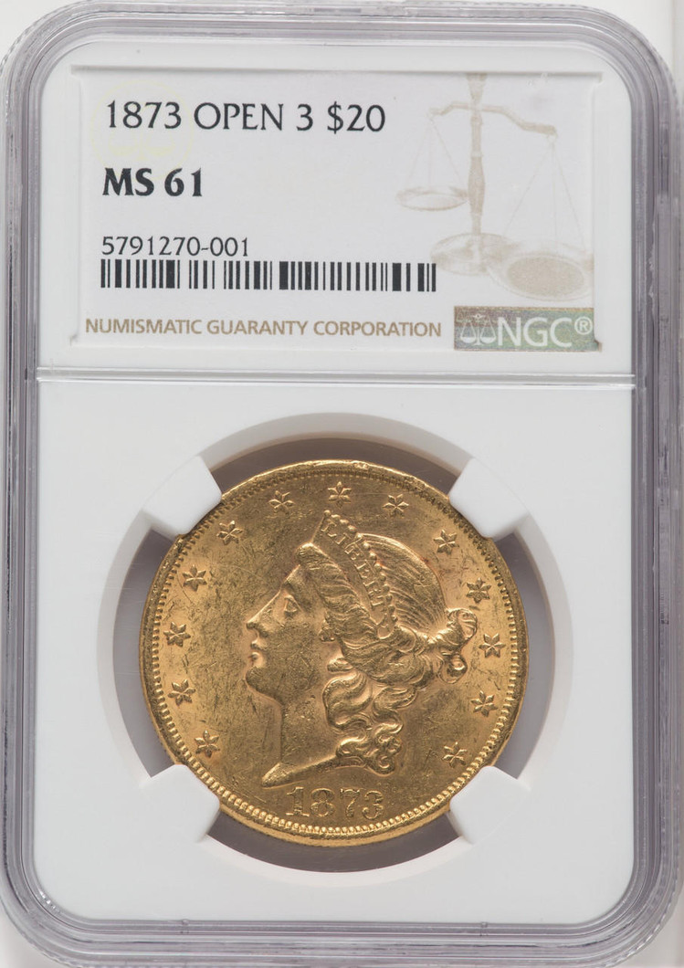 1873 $20 Gold Liberty OPEN 3 NGC MS61