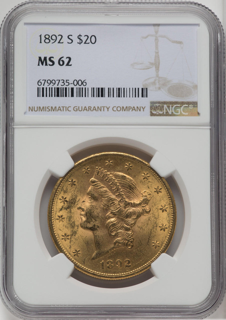 1892-S $20 Gold Liberty NGC MS62 - 173839346
