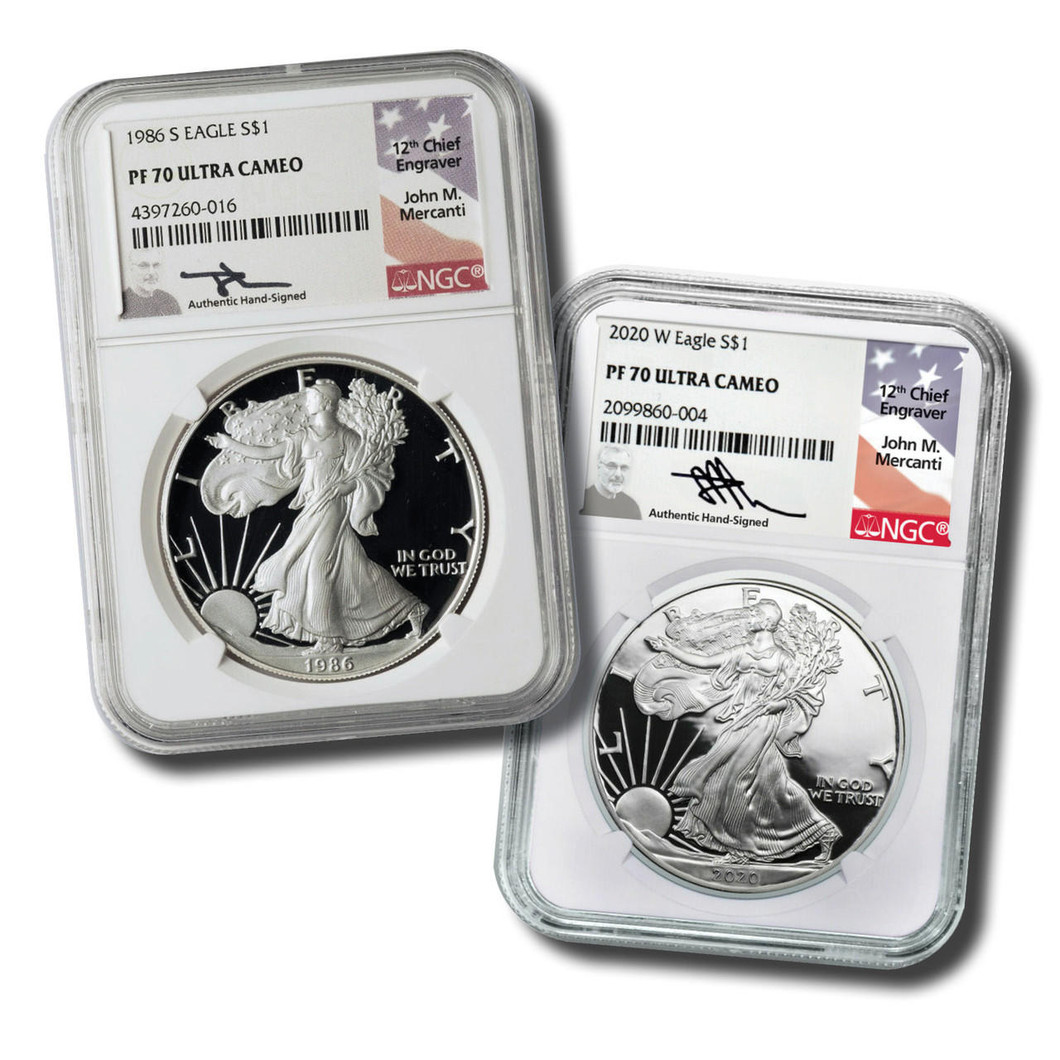 Bullionshark 1986 & 2020 Silver Eagle NGC PF70 2-Coin Set John Mercanti Signed with Mahogany Box 