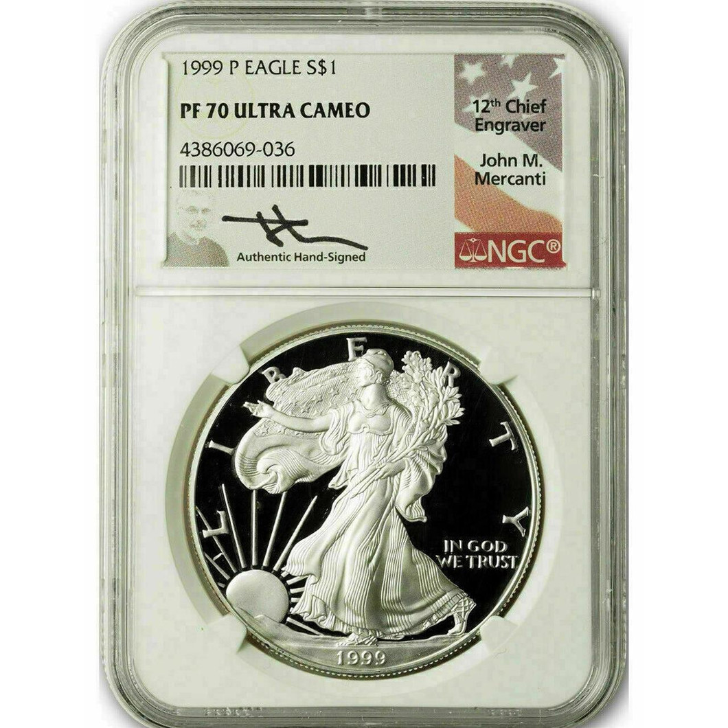 Bullionshark 1999-P Silver Eagle NGC PF70 UCAM John Mercanti Signed 