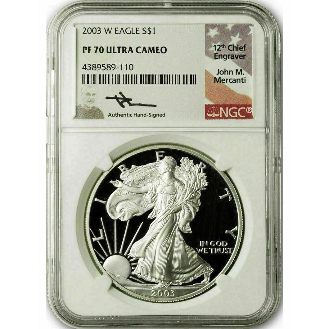 Bullionshark 2003-W Silver Eagle NGC PF70 UCAM John Mercanti Signed 