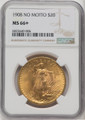  1908 $20 Saint Gaudens NGC MS66+ No Motto 