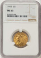 Bullionshark 1913 $5 Indian Gold Half Eagle Coin NGC MS65 - HAT787547007 