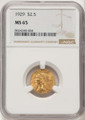 1929 $2.5 Indian Gold Quarter Eagle Coin NGC MS65 coin front image