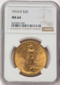 Bullionshark 1914-D $20 Saint Gaudens Double Eagle NGC MS64 - HAT523002057 