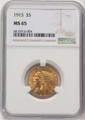 1915 $5 Indian Gold Half Eagle Coin NGC MS65 coin front image