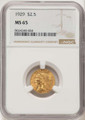 Bullionshark 1929 $2.5 Indian Gold Quarter Eagle Coin NGC MS65 - HAT787468003 