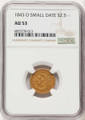 1843-O $2.5 Liberty Gold Quarter Eagle Coin NGC AU53   Small Date - Crosslet 4 coin front image