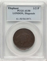(1694) 1/2 P Colonial Coin PCGS AU50   London Elephant Token - Diagonals - BN coin front image