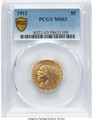 1912 $5 Indian Gold Half Eagle Coin PCGS MS63 coin front image