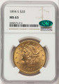 Bullionshark 1894-S $20 Liberty Gold Double Eagle NGC MS63  CAC - HAT788062022 