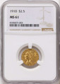 Bullionshark 1910 $2.5 Indian Gold Quarter Eagle Coin NGC MS61 - HAT525399004 
