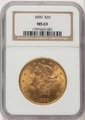 1890 $20 Gold Liberty Double Eagle NGC MS63 coin front image