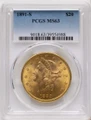 1891-S $20 Gold Liberty Double Eagle PCGS MS63 coin front image