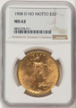 1908-D $20 Saint Gaudens Double Eagle NGC MS62   No Motto coin front image