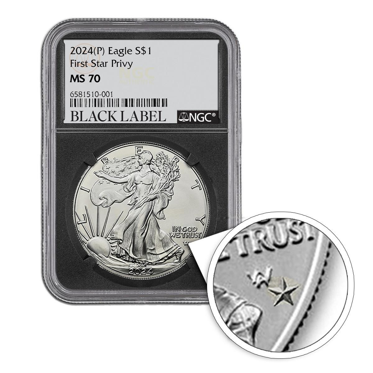 レグニツァ-ブジェク公国 1クロイツァー NGC MS鑑定 銀貨  2024 (P) Silver Eagle NGC MS70 First Star Privy - Black Label