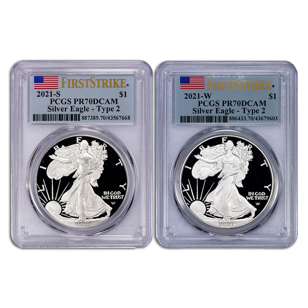 Buy 2021-S/W Silver Eagle PCGS PR70 DCAM First Strike - 2pc Type 2