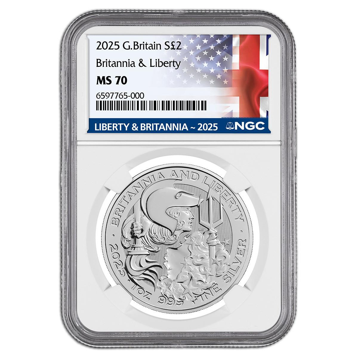 【英米友好】2025年 ブリタニア＆リバティ 銀貨 1オンス NGC MS70 2025 1 oz Silver Britannia and Liberty NGC MS70