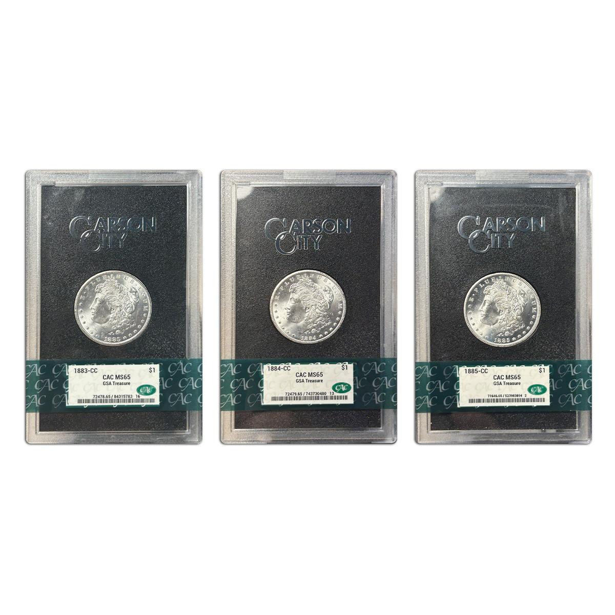 1883-1885-CC Morgan Dollar Coin CAC MS65 GSA Treasure - 3pc Collection