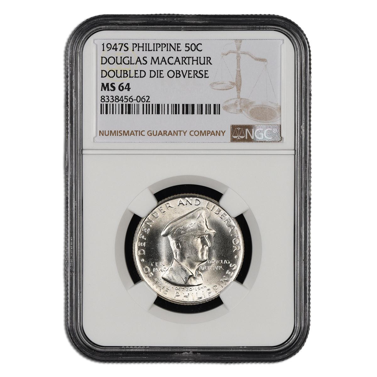 1947 S 50 Centavos Silver MS64 Doubled Die Obverse - Douglas MacArthur