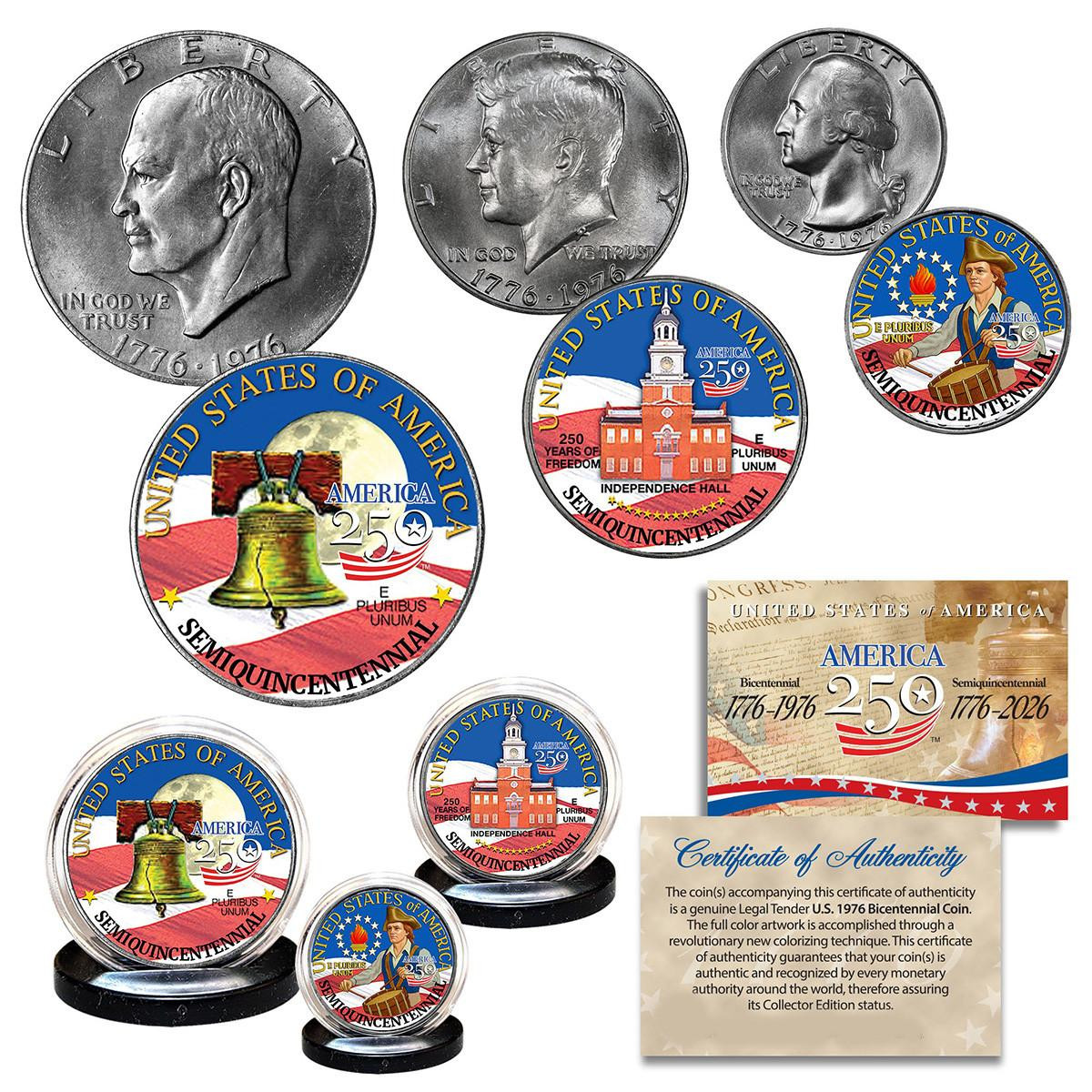 250th 1976 Bi-Centennial 3 Coin Set IKE, JFK, Quarter colorized w/Box