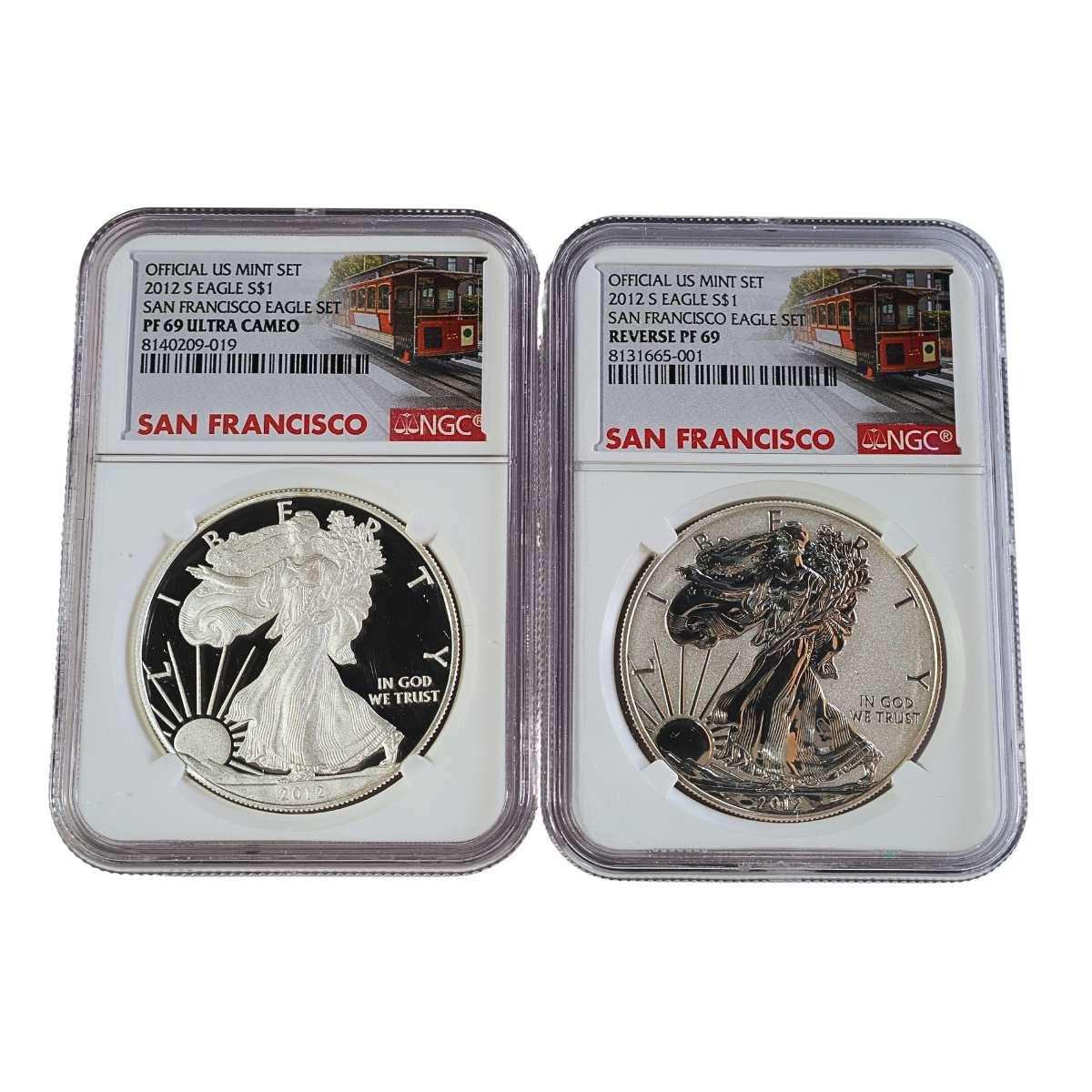 2012-S Silver Eagle NGC PF69UCAM/RevPF69 - 2pc Anniversary Set