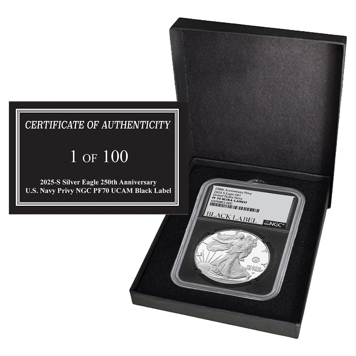 2025-S Silver Eagle 250th Anniversary U.S. Navy Privy NGC PF70