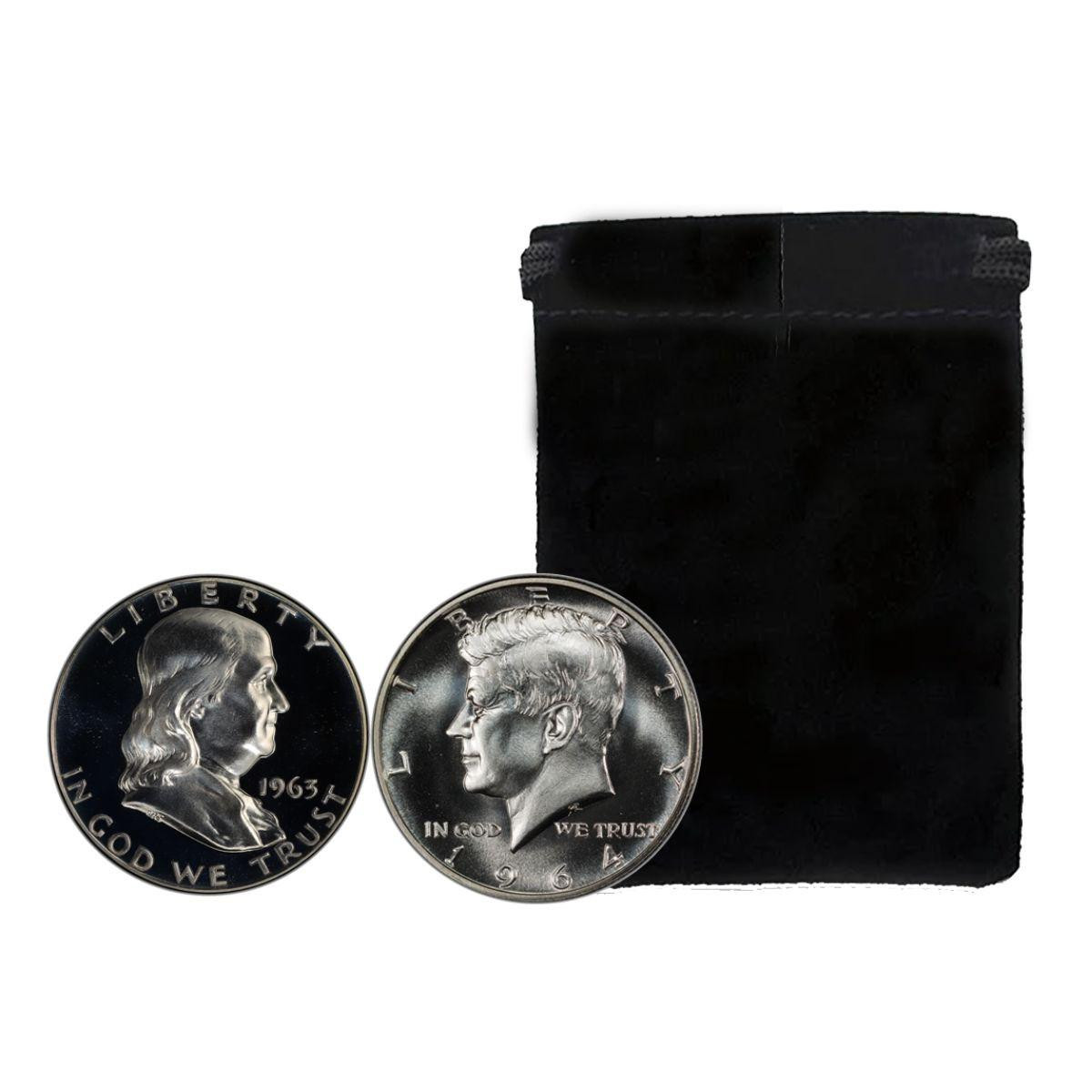 1963-1964 Franklin Kennedy Half Dollar Proof 2-Coin Set w/Velvet Bag