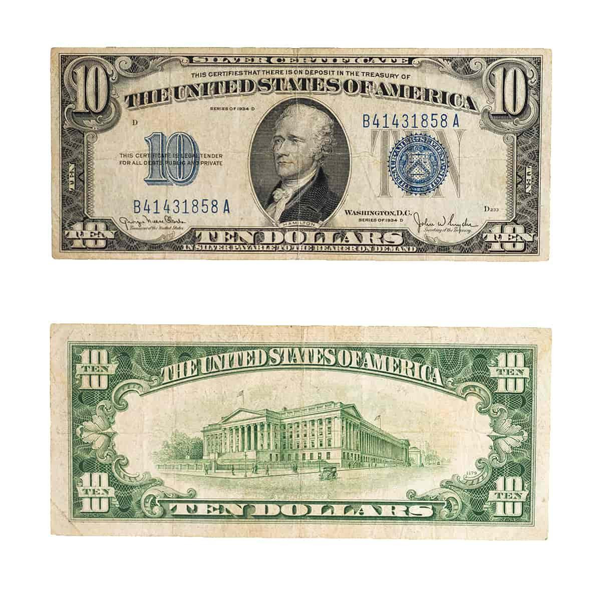 In fairly good condition. 1934 $10 Silver Certificate Blue Seal Note Circulated VG  main image 3