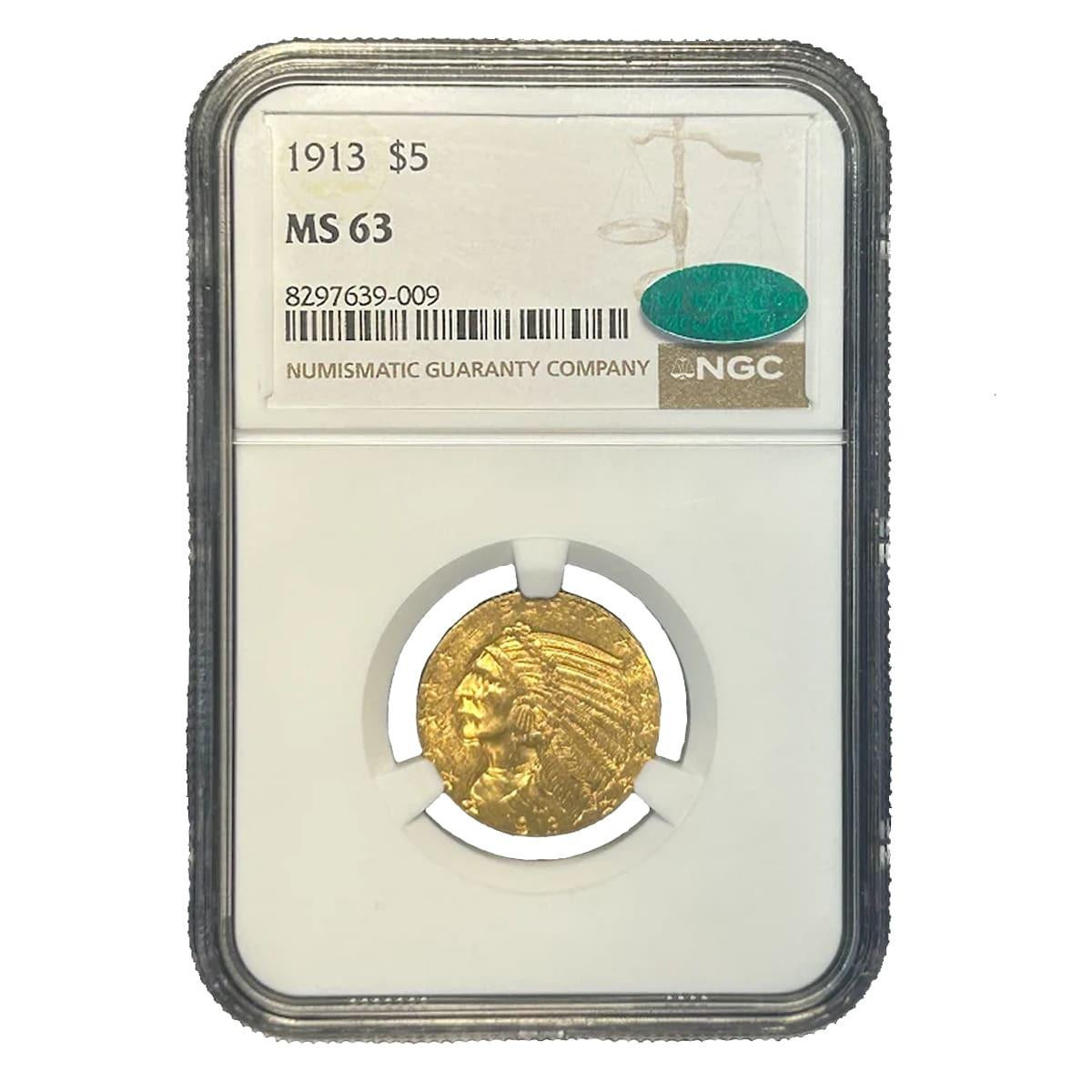 1913 Gold $5 Indian Head Half Eagle NGC MS63 CAC Approved