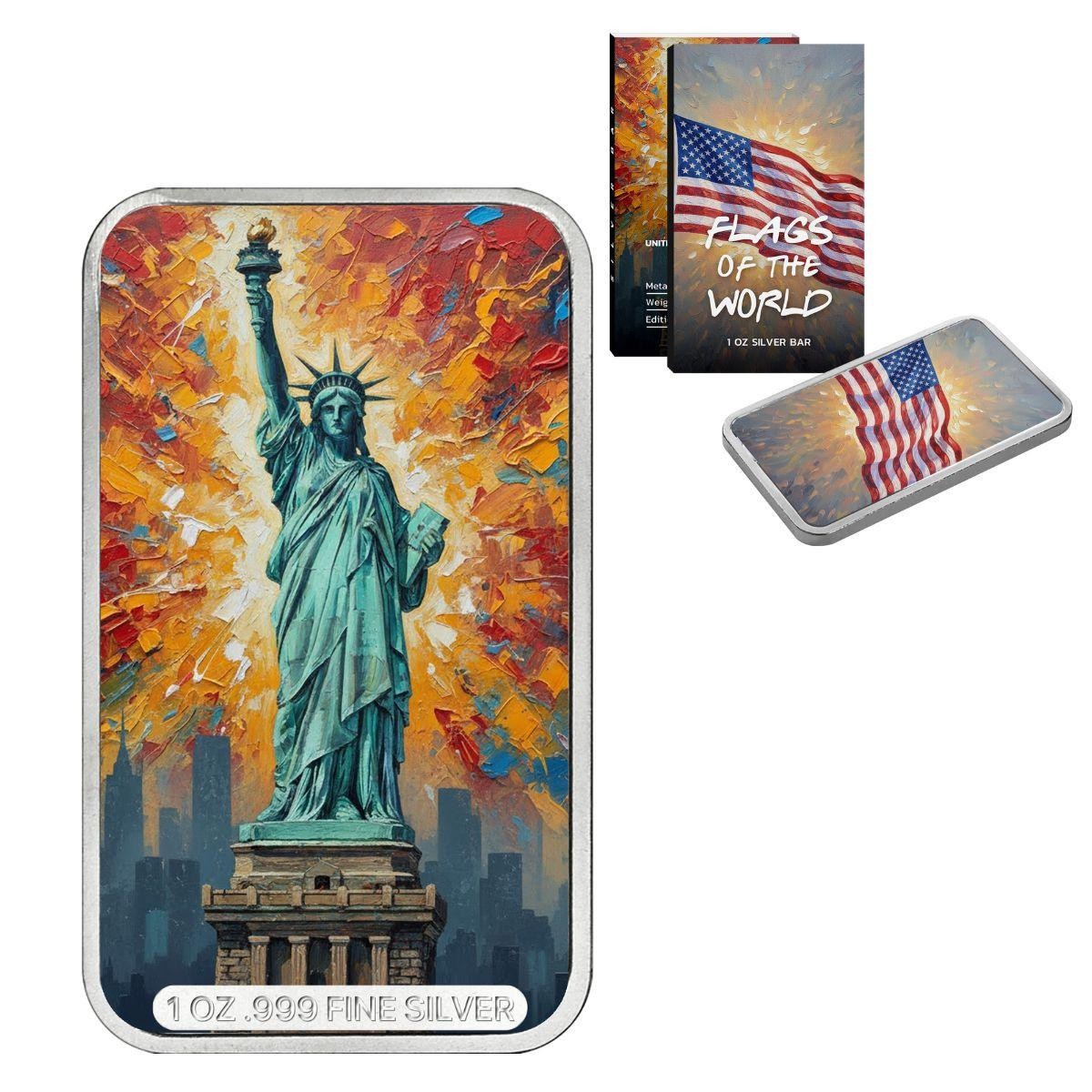 1 Oz .999 Fine Silver American Flag Bar – SilverTowne – Mint Plastic – USA Made