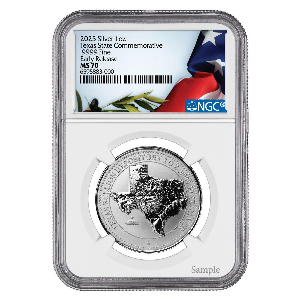 2025 1 oz Silver Texas State Commemorative Coin NGC MS70 Early Release