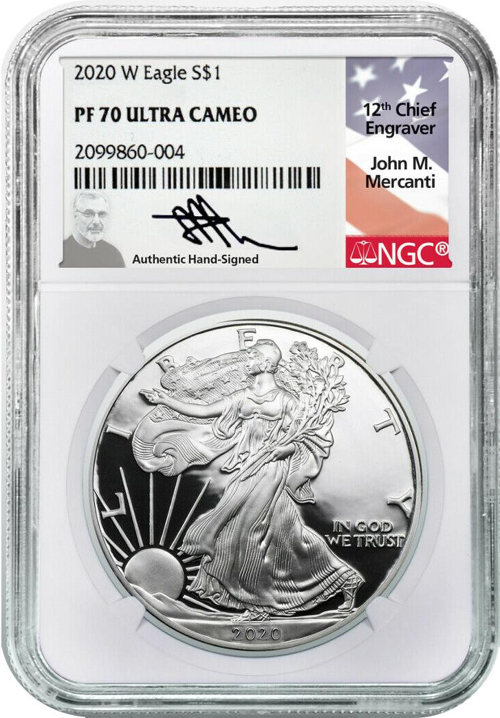 1986 & 2020 Silver Eagle NGC PF70 2-Coin Set John Mercanti Signed