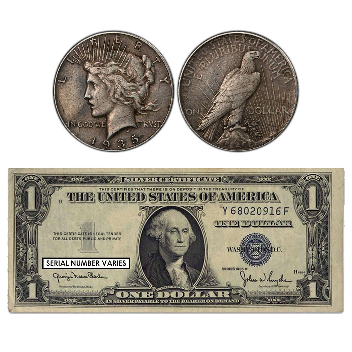 1935 Peace Dollar and Silver Certificate 2-pc Set
