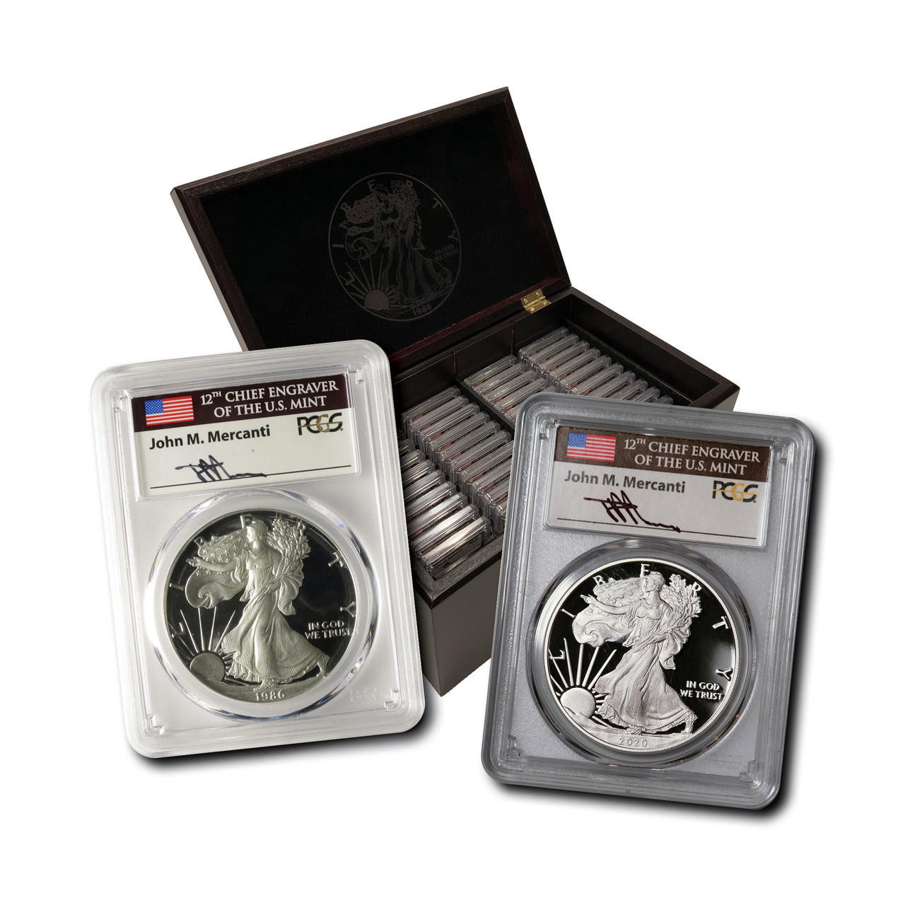 1986-2021 Proof Silver Eagle Set PCGS PR70 DCAM John Mercanti Hand 