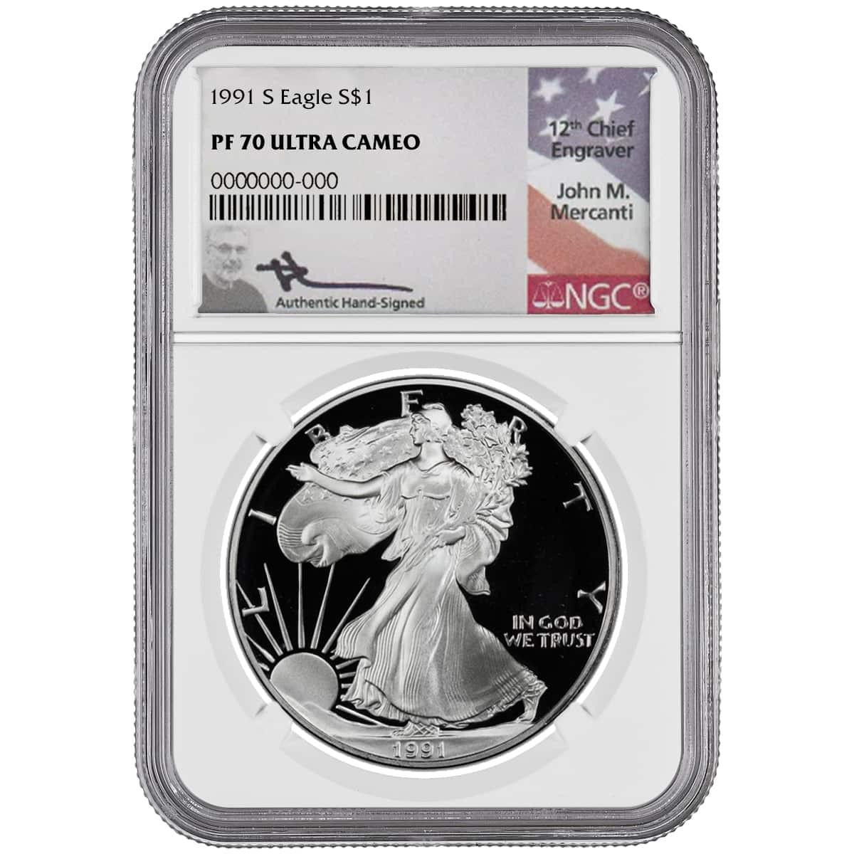 1991-S Silver Eagle NGC PF70 UCAM John Mercanti Signed - Bullion Shark