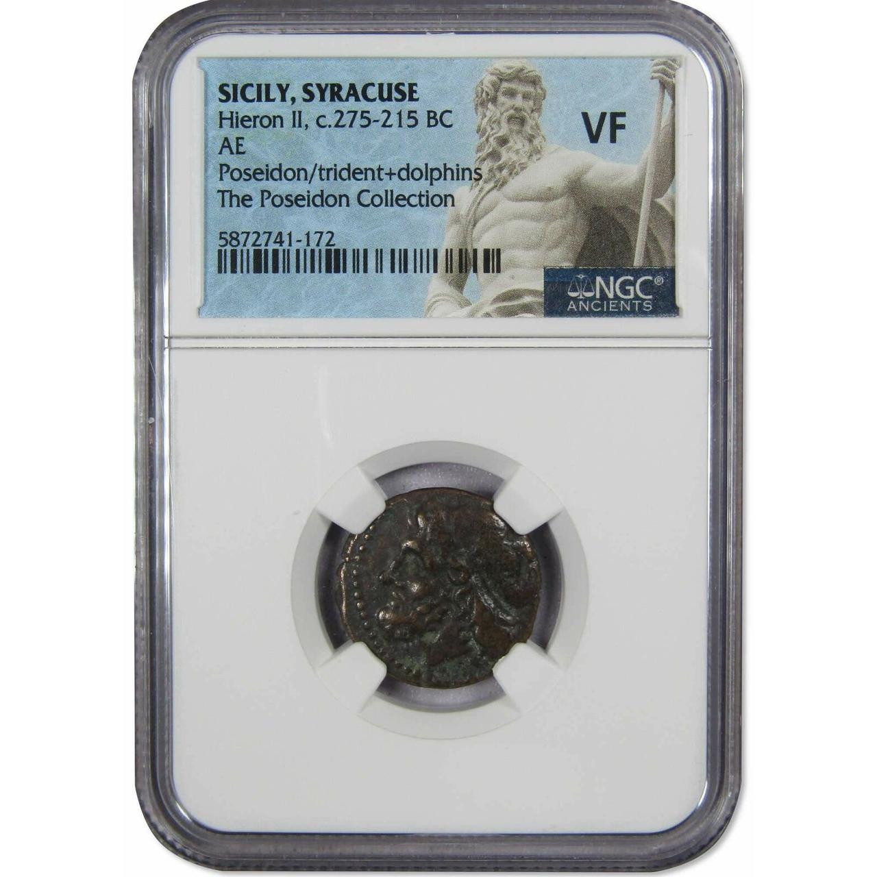 POW - MIA - 米国造幣局ブロンズメダリオントークン 275-215 BC Sicily Syracuse Hieron II AE Poseidon Trident Dolphins