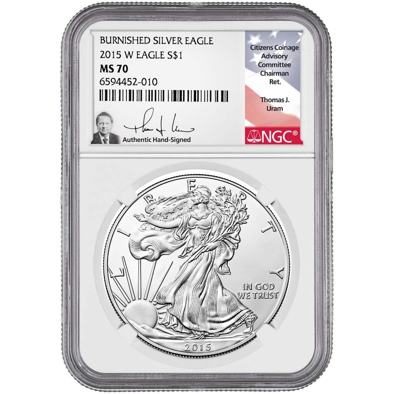 Bullionshark 2015 W Burnished Silver Eagle NGC MS70 Thomas Uram Signed