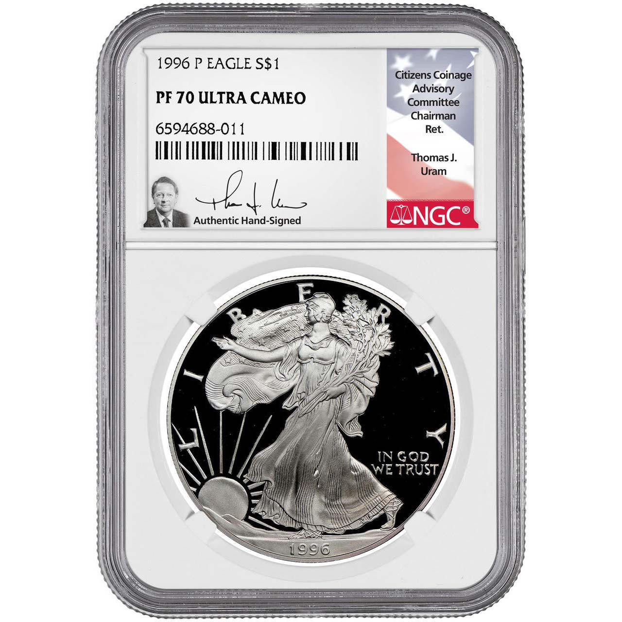 1996 P Silver Eagle NGC PF70 UCAM Thomas Uram Signed