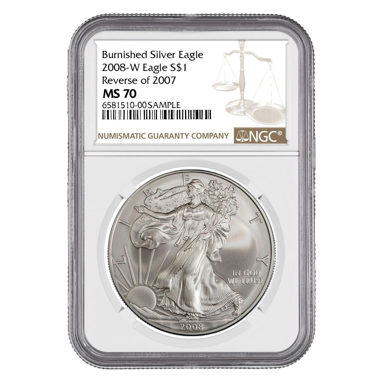 2008-W Rev of 2007 Burnished Silver Eagle NGC MS70