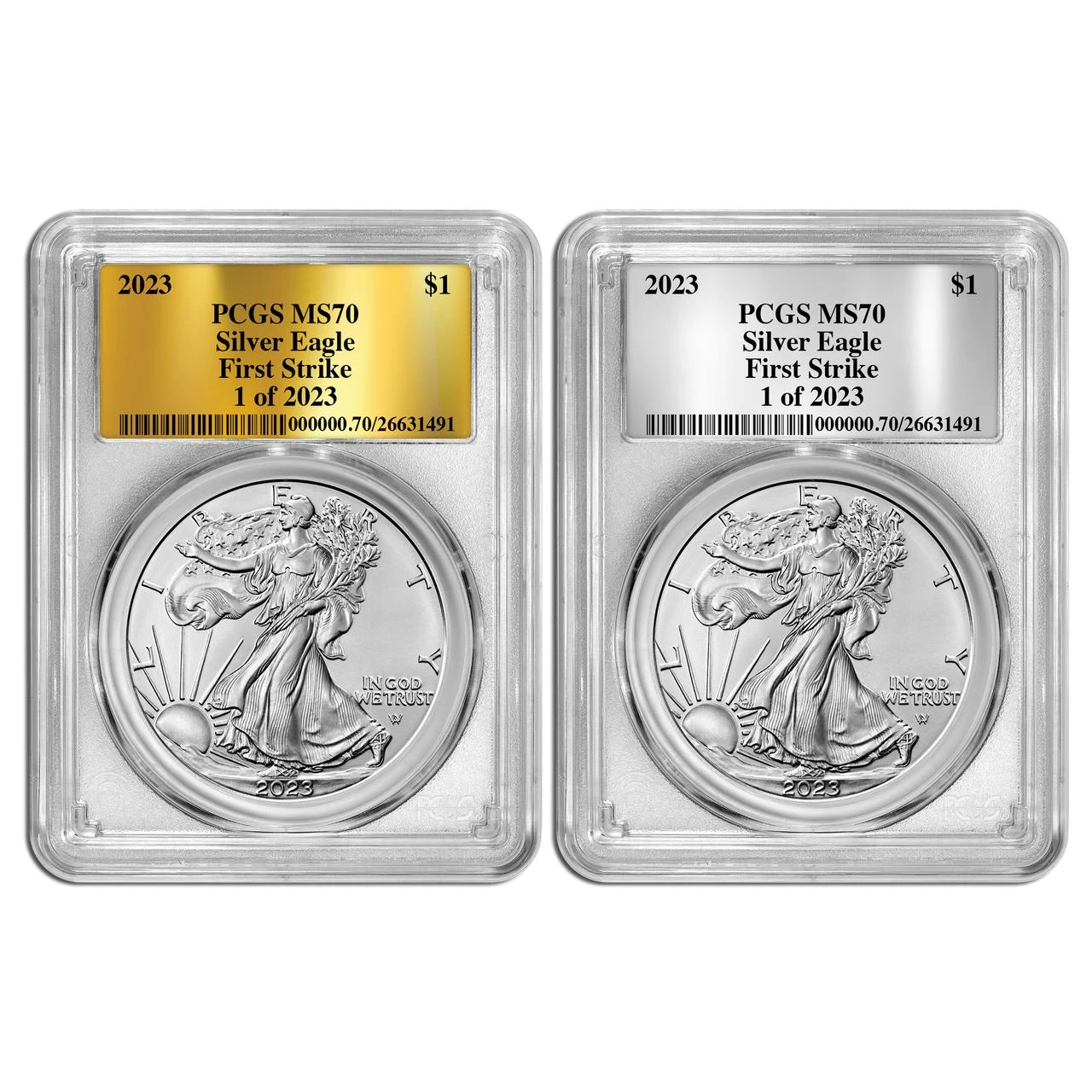 Bullionshark 2023 Silver Eagle PCGS MS70 First Strike 1 of 2023 Gold/Silver Foil 2pc Set