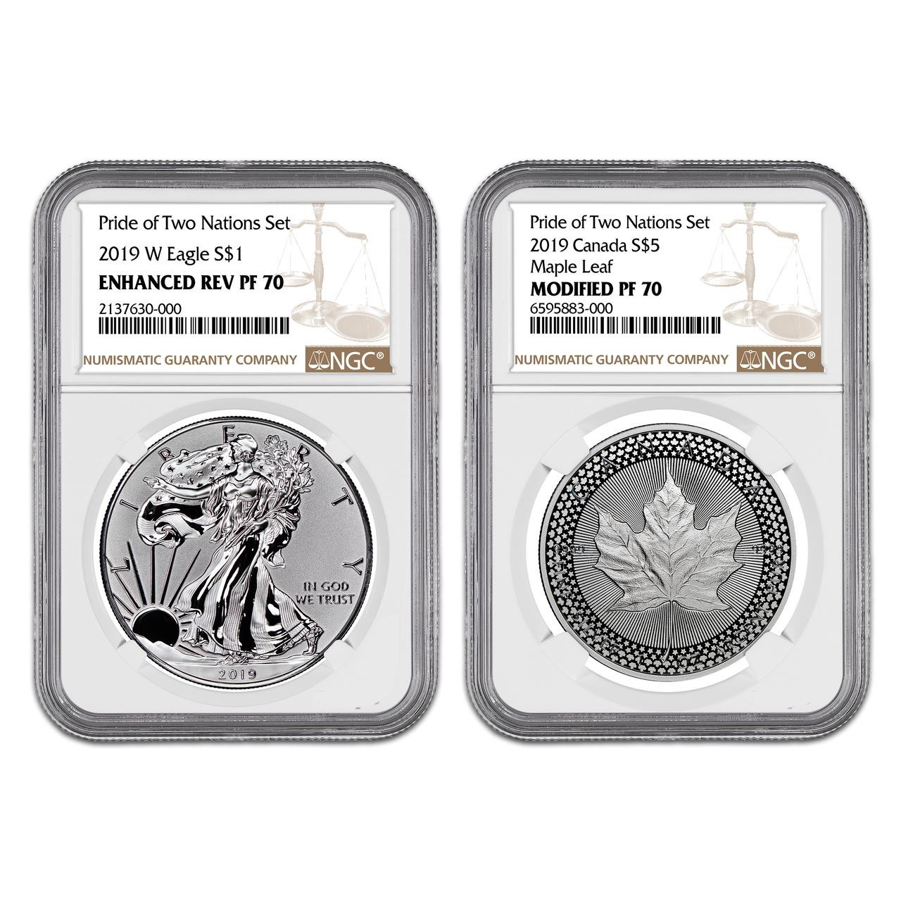 Bullionshark 2019 Pride Of Two Nations Proof Silver Eagle/Modified Proof Maple Leaf Set NGC PF 70  (2 Coin Set)