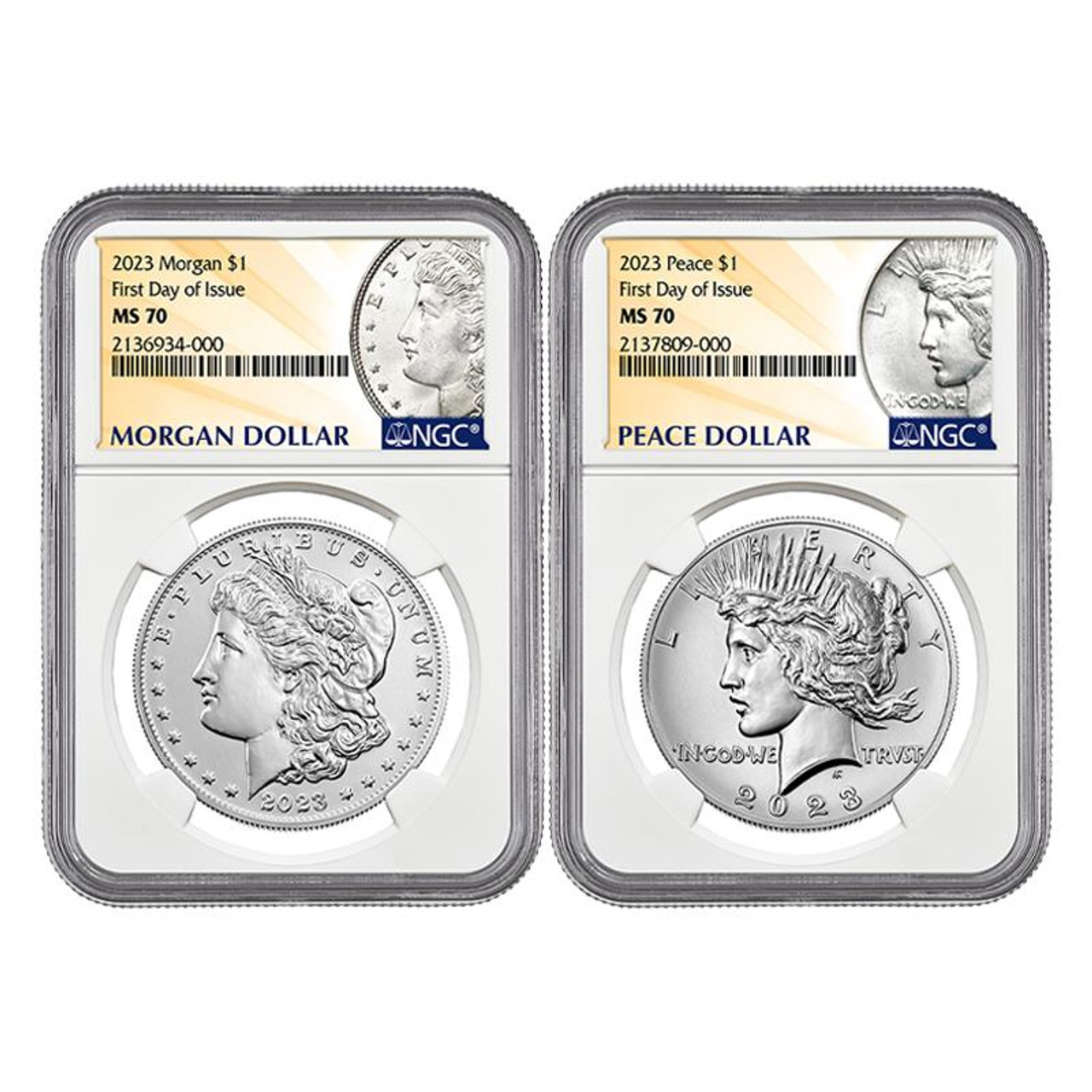 2023 Morgan & Peace Dollar NGC MS70 First Day of Issue - 2pc Set