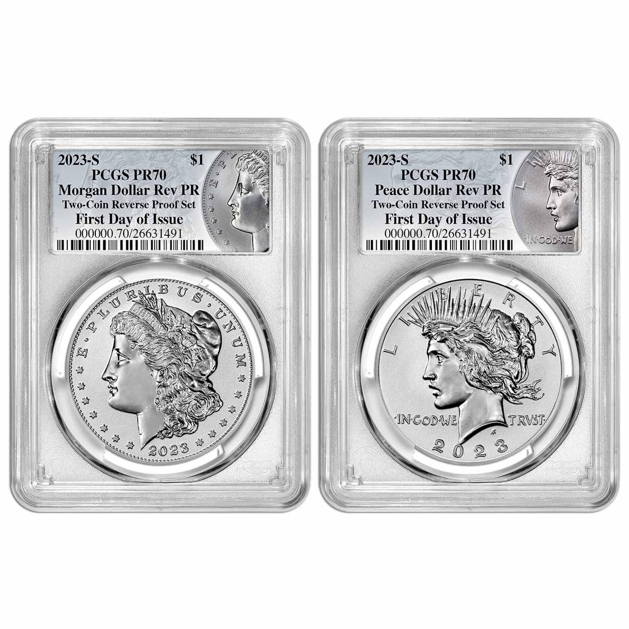 Bullionshark 2023-S Reverse Proof Morgan & Peace Dollar PCGS rev PR70 First Day of Issue