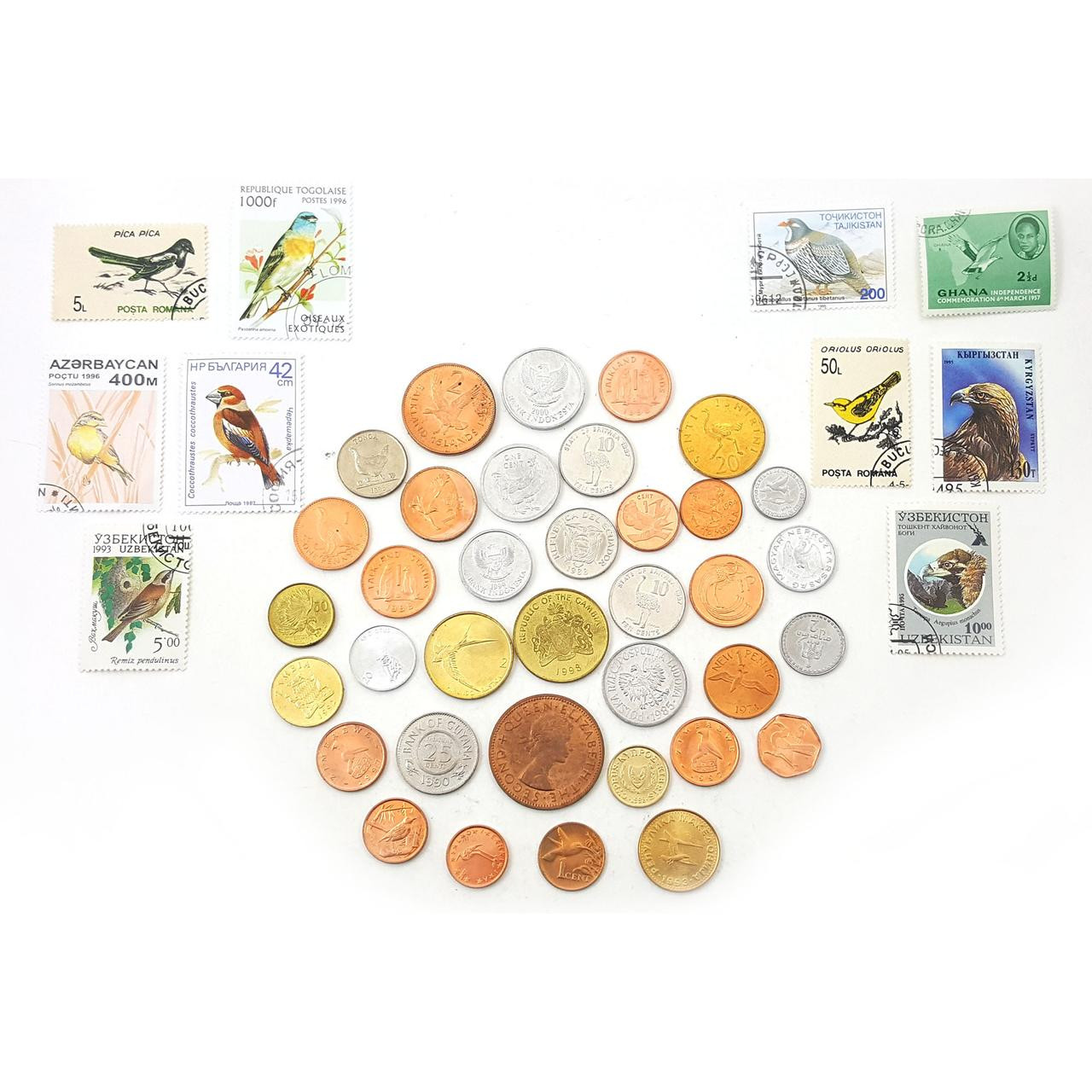 Bird Coins of the World: A Set of 33 Coins and 10 Stamps